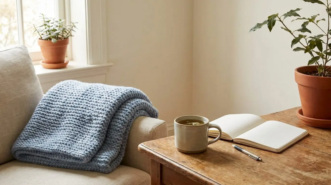 Calm supportive scene with soft window light, a cup of tea, journal and a blue blanket, representing eating disorder recovery support