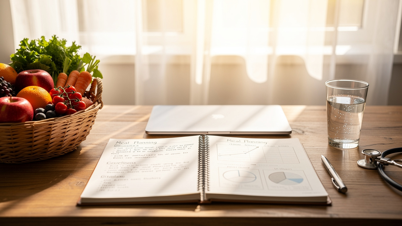 Dietitian workspace with meal planning materials