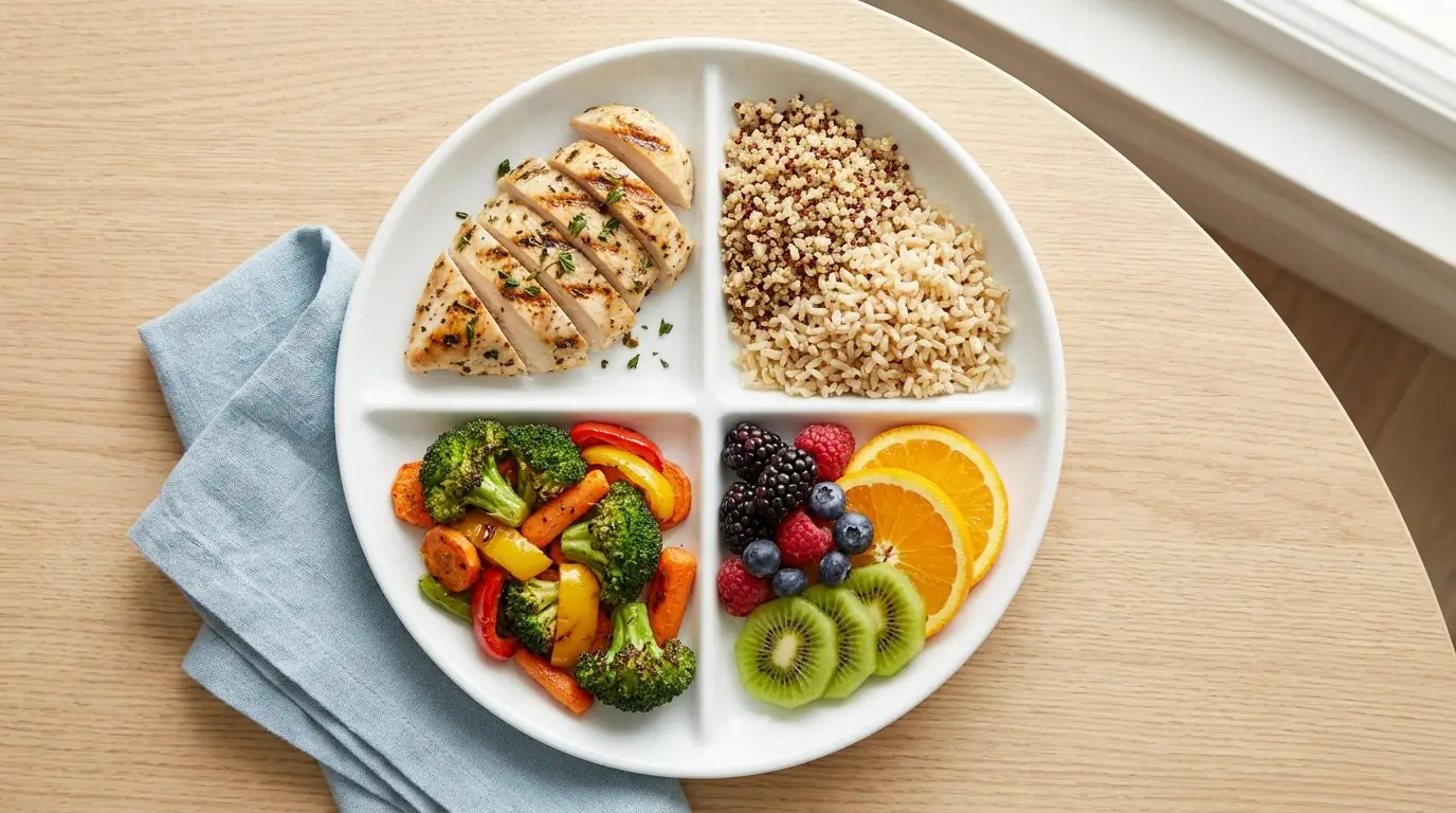 Balanced meal plate divided into protein, whole grains, vegetables and fruit