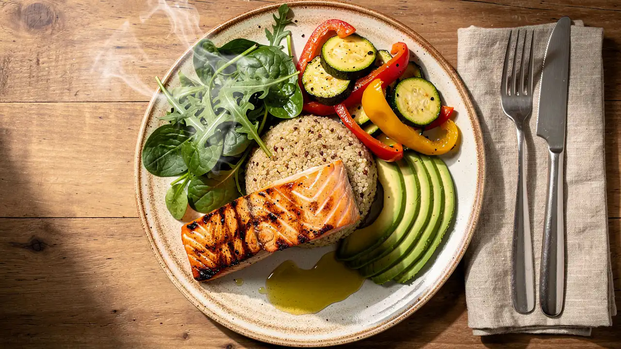 Balanced Mediterranean meal with vegetables and protein