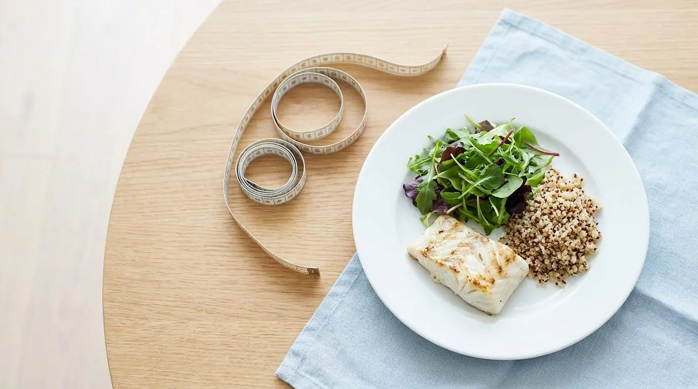 Portion-controlled healthy meal with grilled fish, salad and quinoa beside a measuring tape