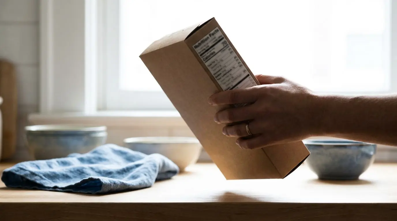 Hand holding a packaged food product and reading the nutrition label in a bright kitchen