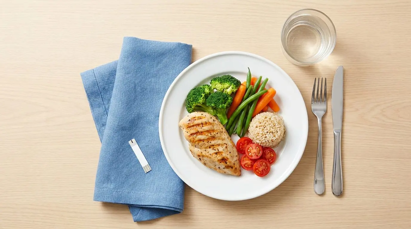 Low-GI diabetes-friendly Malaysian meal with grilled chicken, vegetables and brown rice, with a glucose test strip beside the plate
