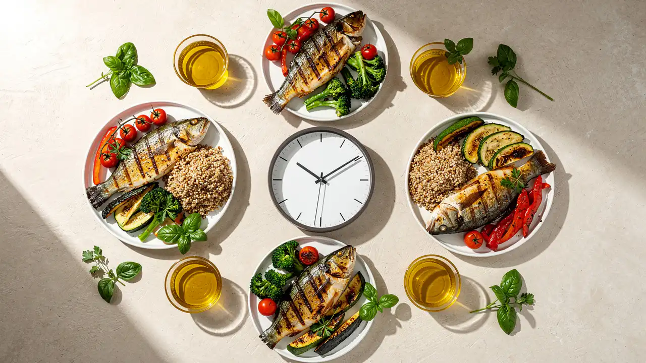 Clock surrounded by nutritious Mediterranean meals