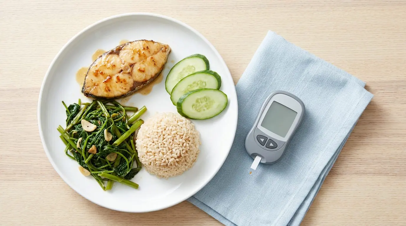Glucose meter beside a low-GI Malaysian meal of grilled fish, greens and brown rice for managing blood sugar after eating