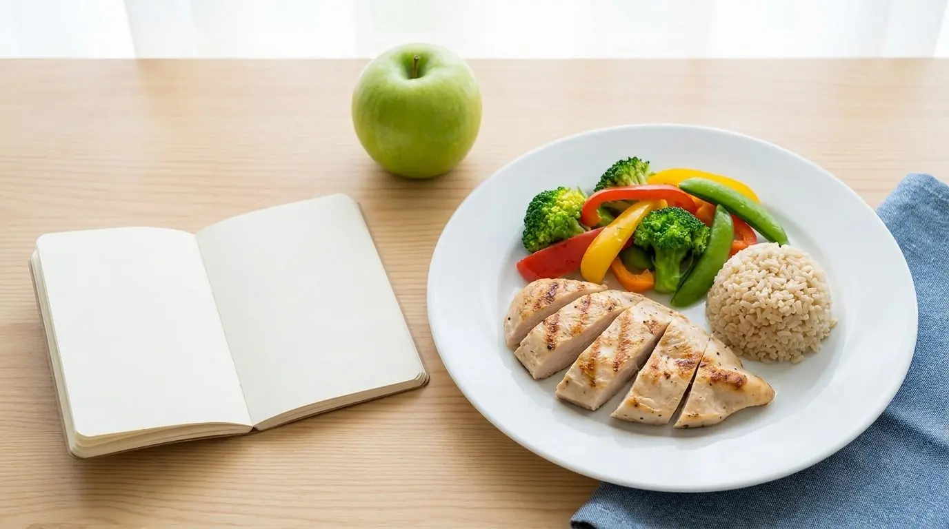 Portion-controlled balanced meal with a notebook and apple representing a calorie deficit diet for weight loss