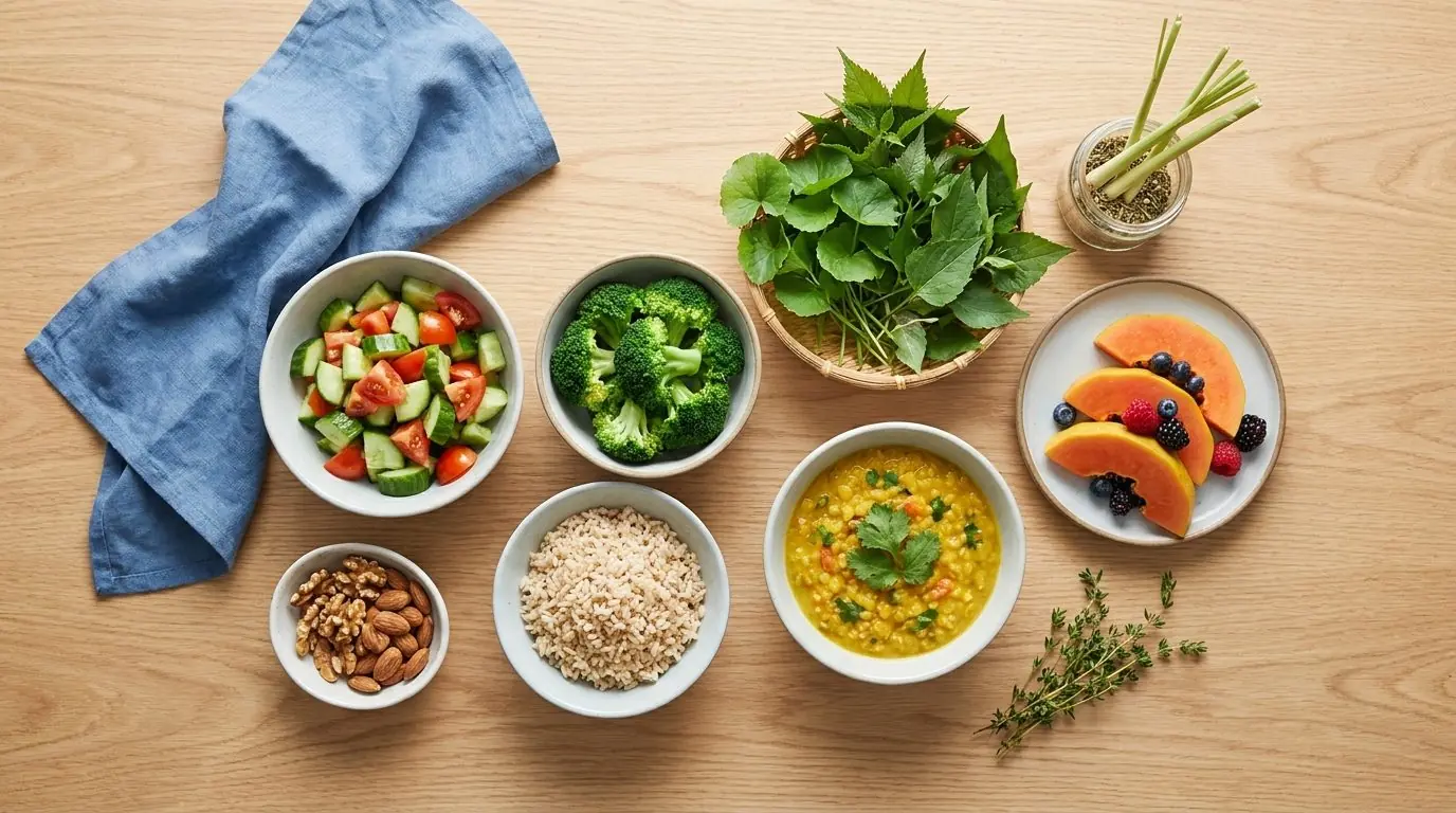 Heart-healthy low-sodium DASH-style spread of vegetables, dhal, brown rice, fruit and herbs for high blood pressure