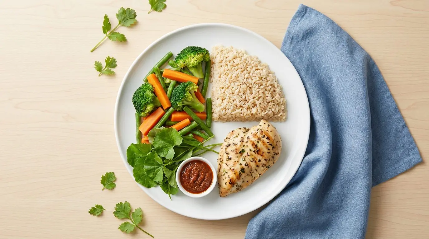 Balanced suku-suku-separuh diabetic plate with protein, brown rice and vegetables