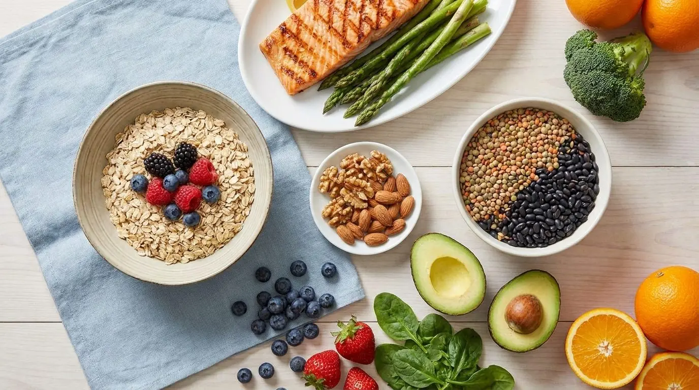 Cholesterol-lowering foods u2014 oats, fish, nuts, beans, avocado and vegetables
