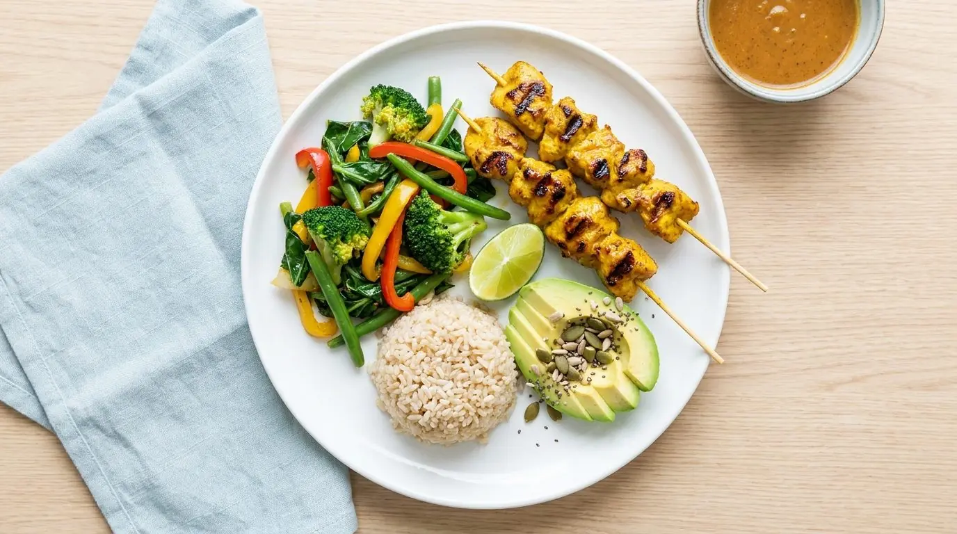 PCOS-friendly low-GI Malaysian meal with grilled chicken, vegetables, brown rice and avocado