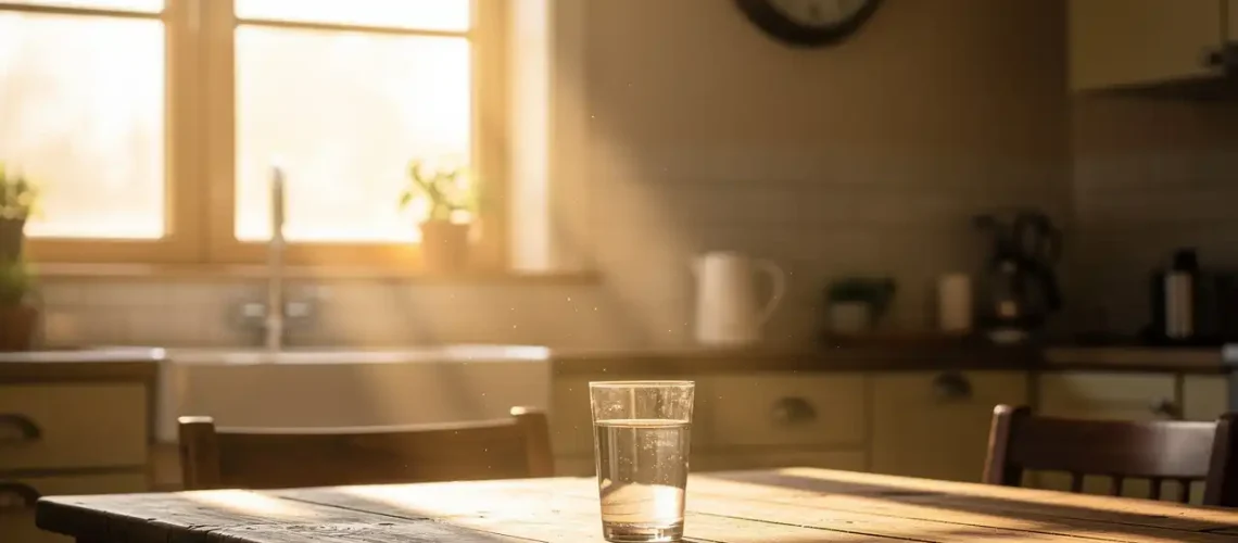 Glass of water on sunlit kitchen table