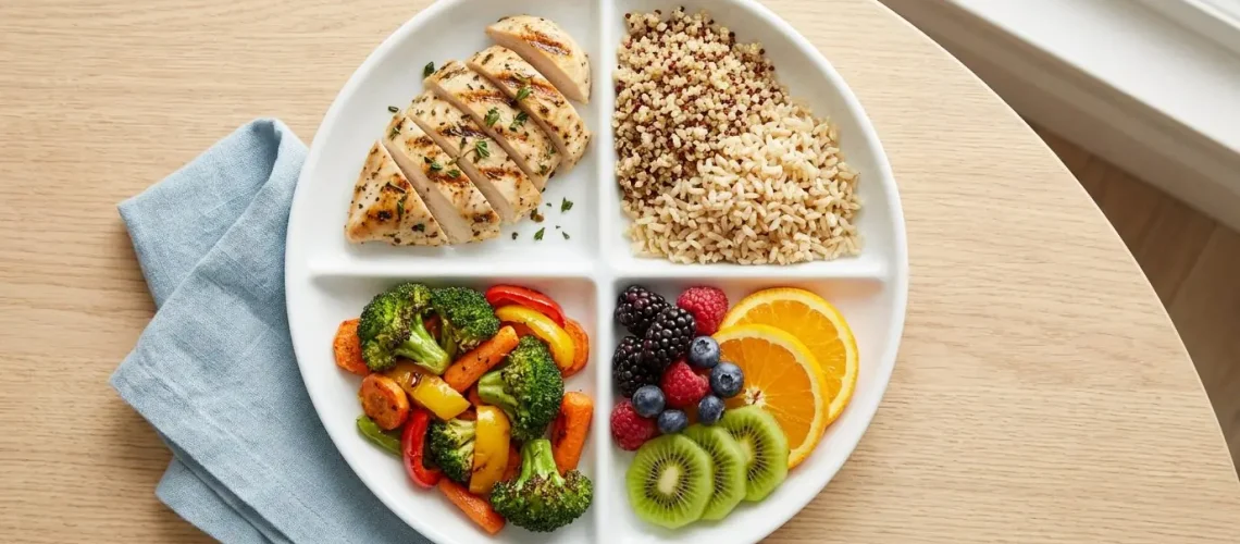 Balanced meal plate divided into protein, whole grains, vegetables and fruit