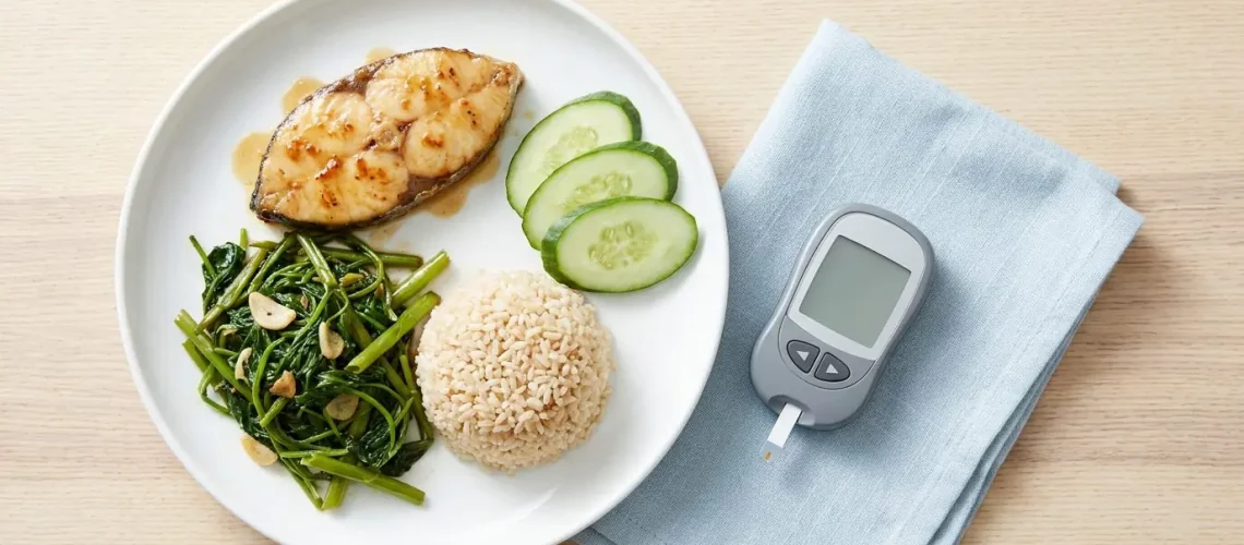 Glucose meter beside a low-GI Malaysian meal of grilled fish, greens and brown rice for managing blood sugar after eating