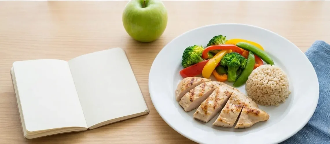 Portion-controlled balanced meal with a notebook and apple representing a calorie deficit diet for weight loss