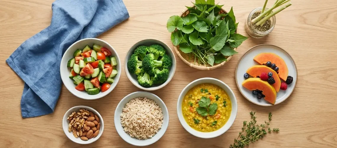 Heart-healthy low-sodium DASH-style spread of vegetables, dhal, brown rice, fruit and herbs for high blood pressure