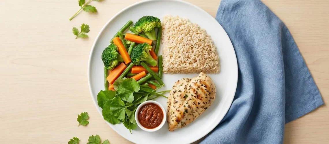 Balanced suku-suku-separuh diabetic plate with protein, brown rice and vegetables