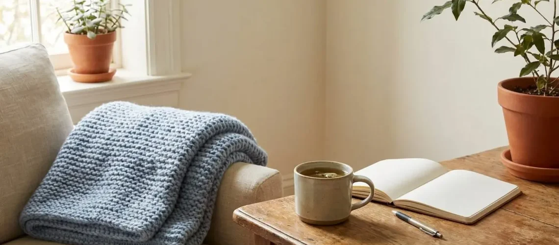 Calm supportive scene with soft window light, a cup of tea, journal and a blue blanket, representing eating disorder recovery support