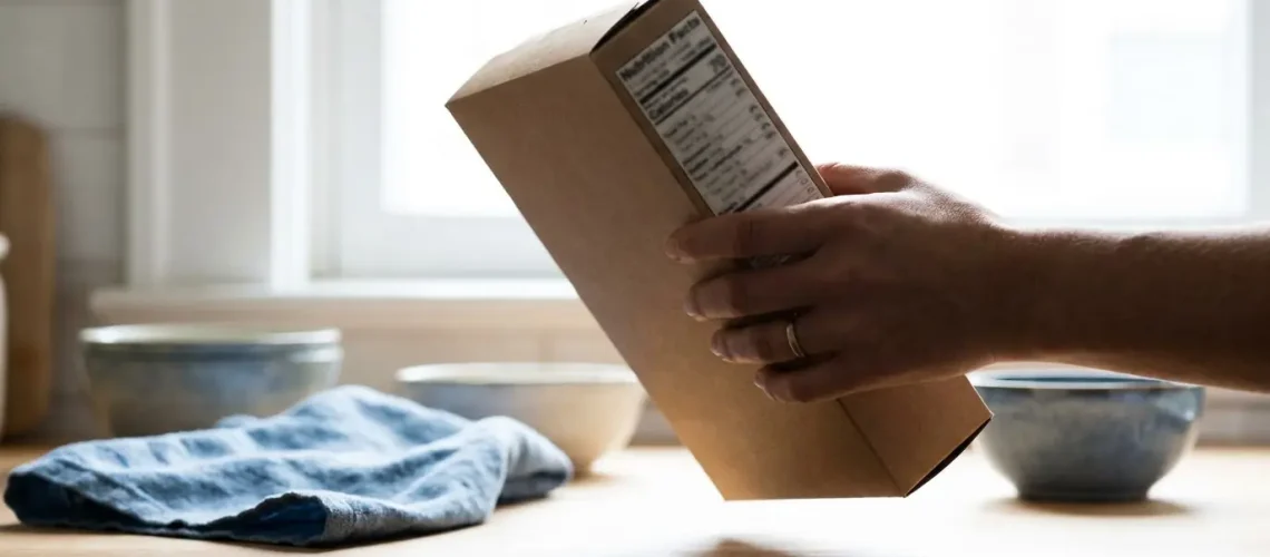 Hand holding a packaged food product and reading the nutrition label in a bright kitchen