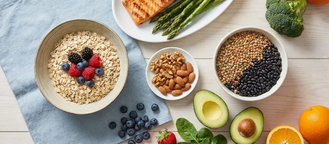 Cholesterol-lowering foods u2014 oats, fish, nuts, beans, avocado and vegetables