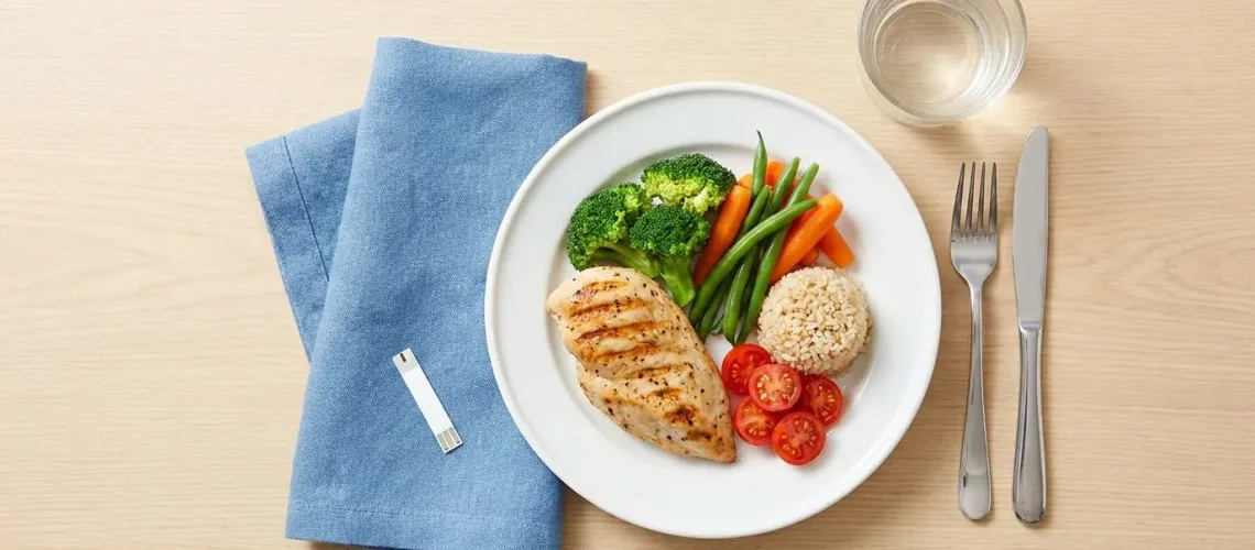 Low-GI diabetes-friendly Malaysian meal with grilled chicken, vegetables and brown rice, with a glucose test strip beside the plate