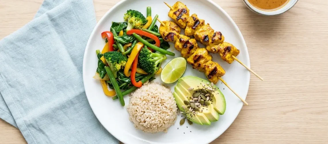 PCOS-friendly low-GI Malaysian meal with grilled chicken, vegetables, brown rice and avocado